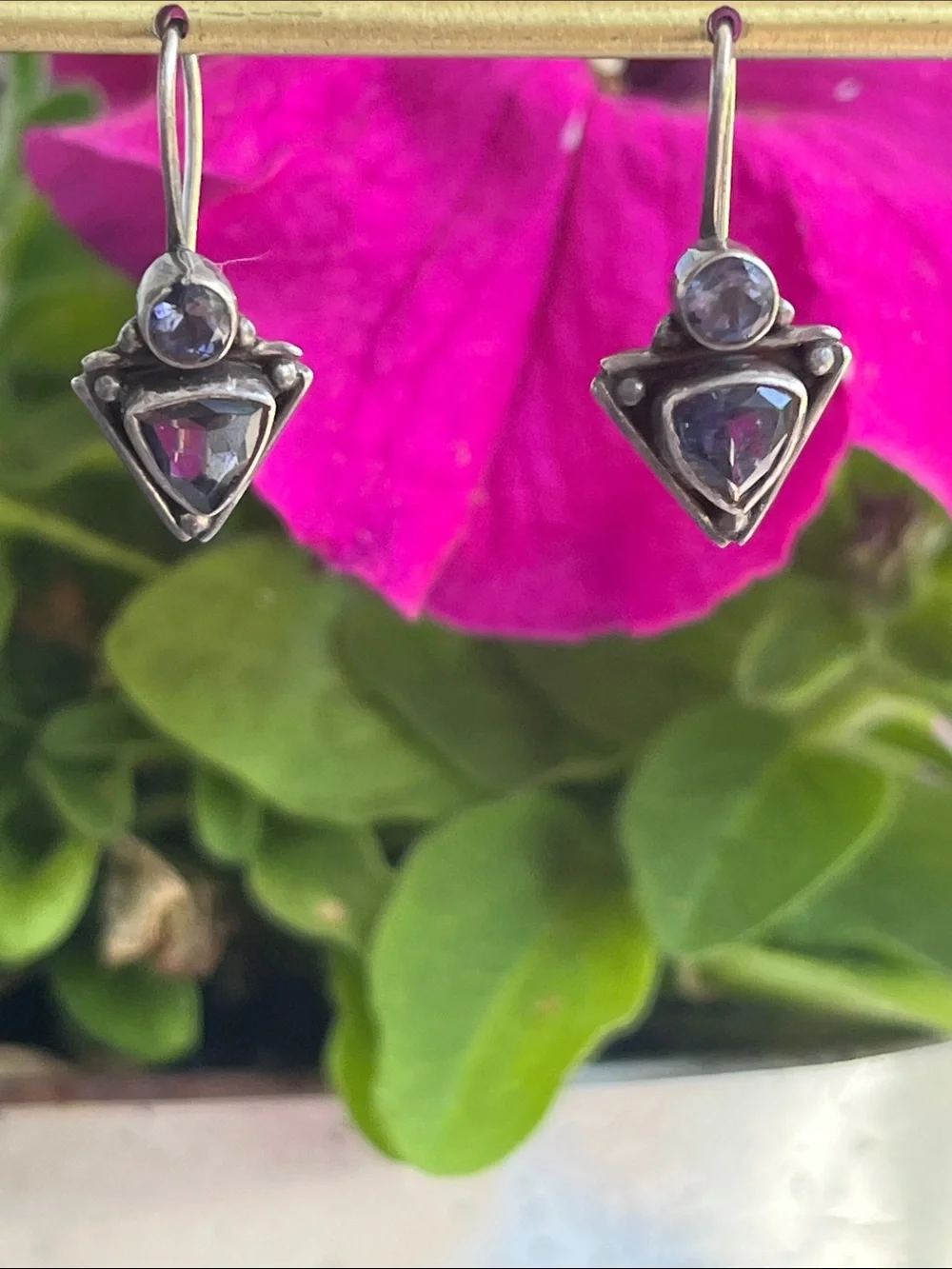Sterling Silver Iolite & Amethyst Triangular Drop Earrings Vintage